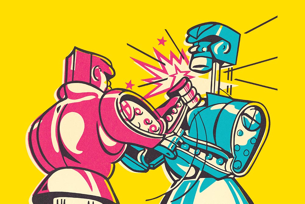 An illustration of two robot toys punching each other.