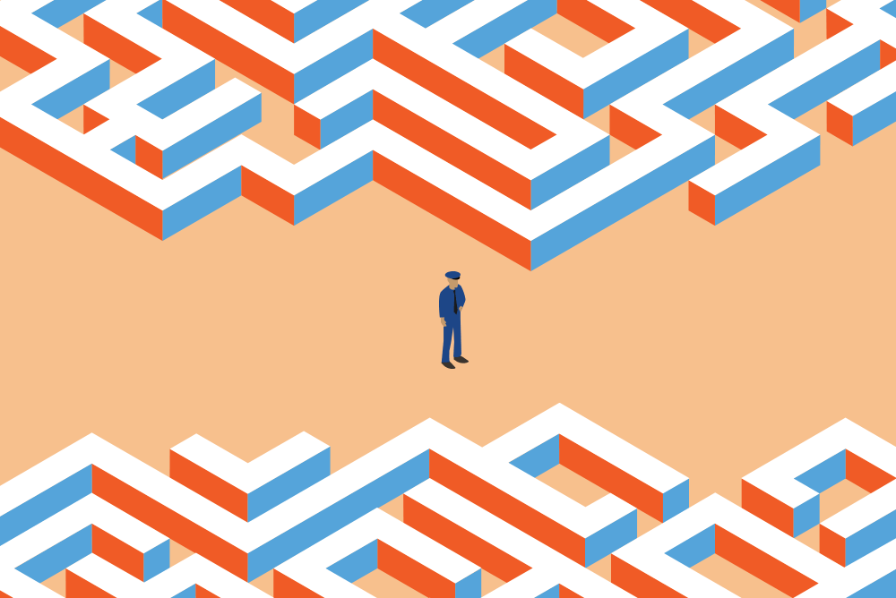 An illustrated police officer standing in the middle of a large maze.