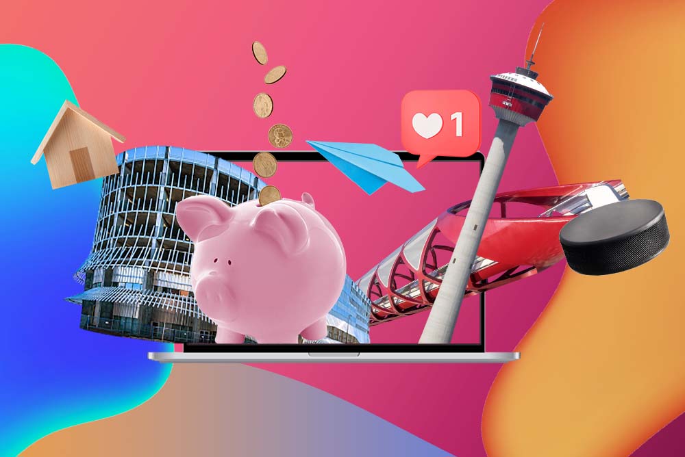 An collage of variety of image including the Calgary Tower, the Peace Bridge, a piggy bank, a hockey puck and more, popping out of a laptop screen in front of multiple colours blobs.