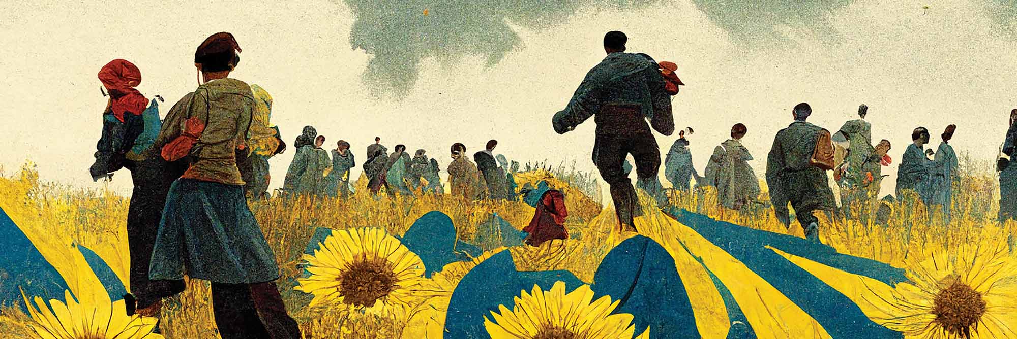 Illustration of a field of sunflowers with people walking away. One person leaves a trail of yellow and blue behind them.