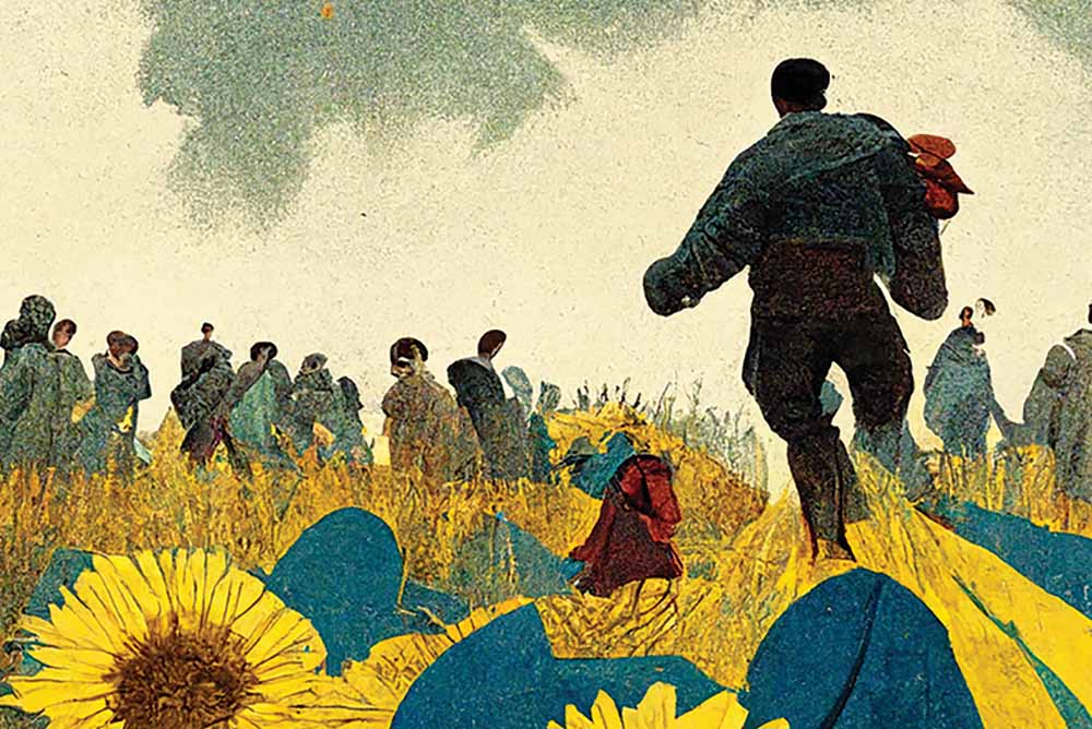 Illustration of a field of sunflowers with people walking away. One person leaves a trail of yellow and blue behind them.