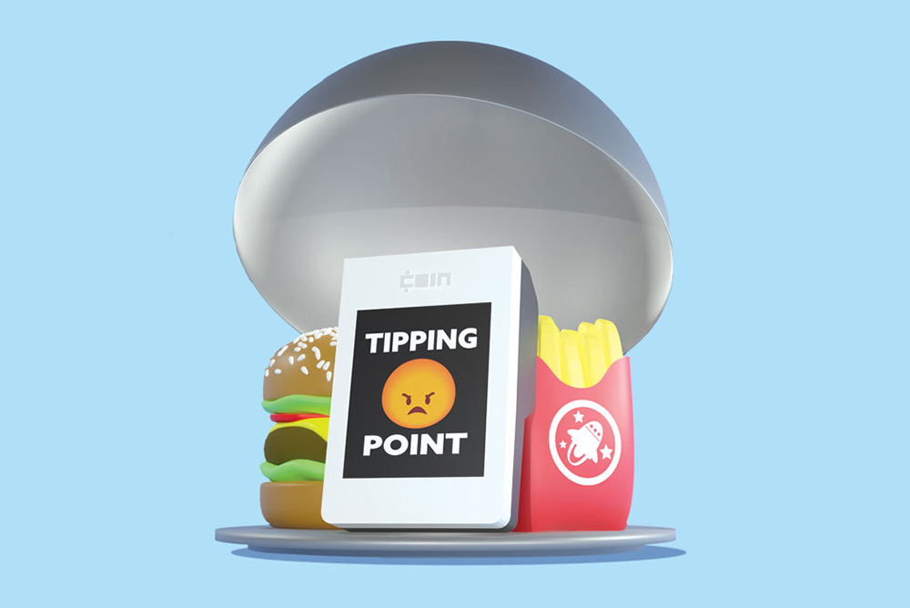 A delicious burger, crispy fries, and a payment machine labeled tipping point.