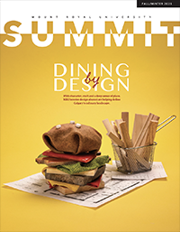 Cover of the Fall/Winter 2025 issue of Summit: Interior design sample materials are stacked together to look like a hamburger and fries on a yellow background.