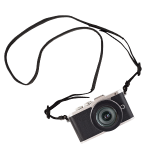 A photography camera with a lanyard.