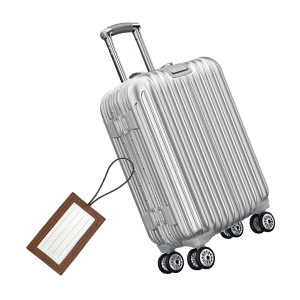 A silver hardshell suitcase and a luggage tag.