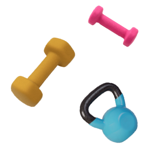 Set of 3 colourful weights, including a kettlebell