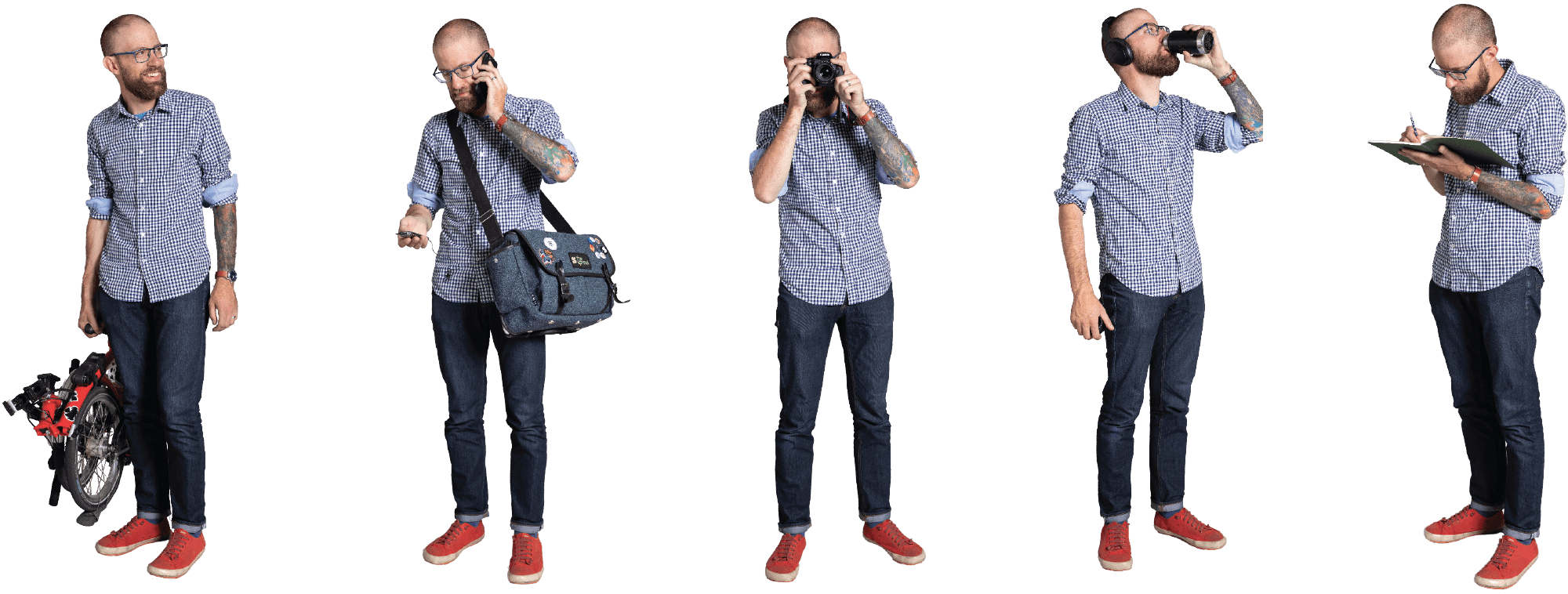 A series of photos of Jeremy Klaszus doing various activities: by his collapsible bike, talking on a cellphone, taking a photo, drinking a coffee, writing in a book