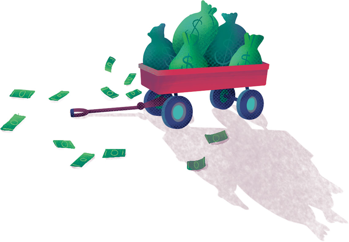 Illustration of a kid's wagon filled with bags of money and bills spilling out onto the ground.
