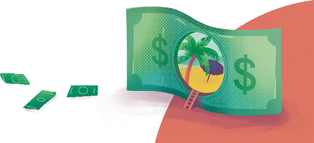 Illustration of a dollar bill but the center of the bill has a beach scene instead of a head.