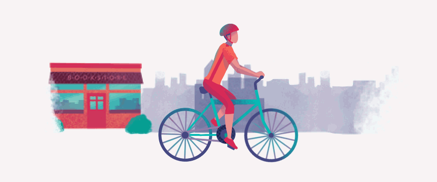 Animated illustration of a person riding a bike past a bookstore in front of a city skyline.