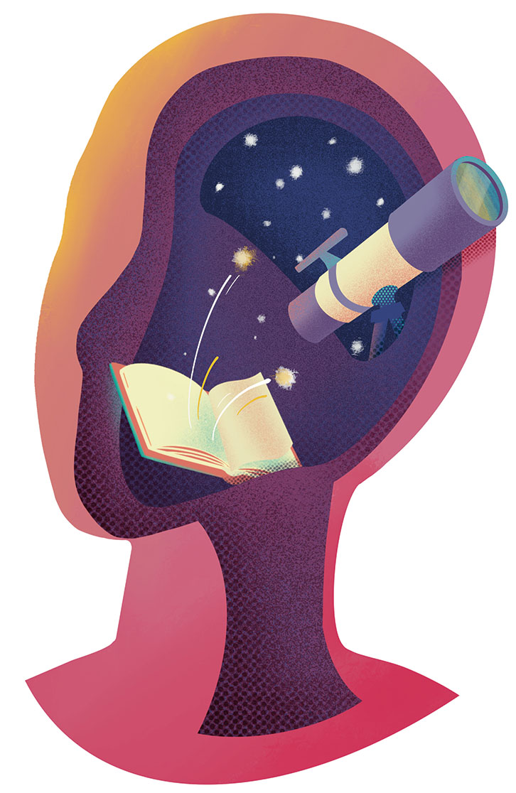 Illustration of a head with cut outs. Inside the cut outs are a book, stars and a telescope.