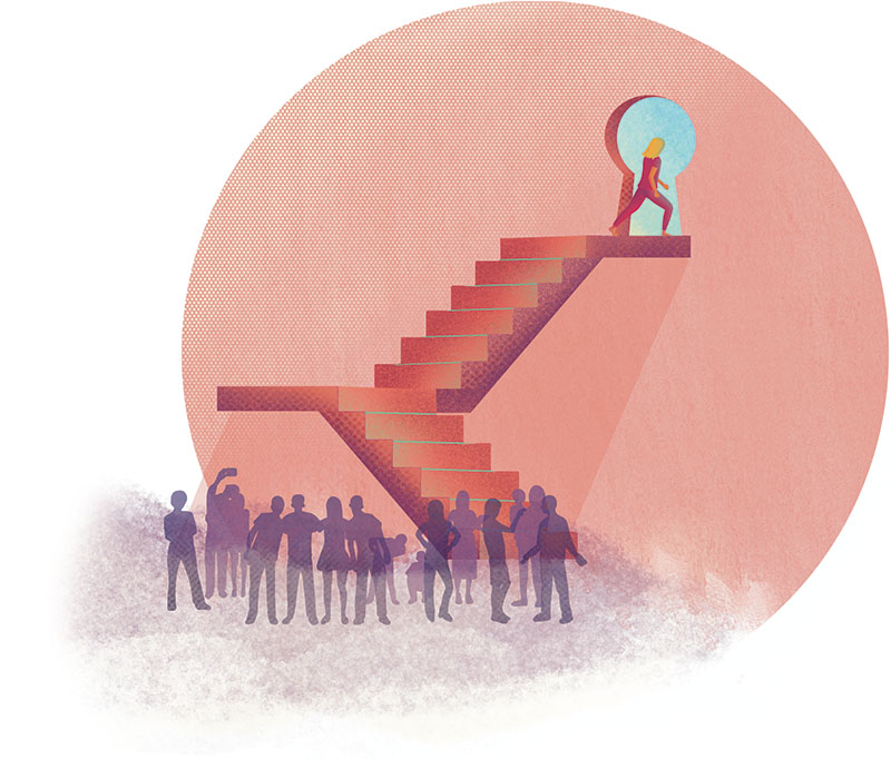Illustration of stairway leading to a door in the shape of a keyhole. A group of people is crowded at the bottom of the stairs and one person climbing them.
