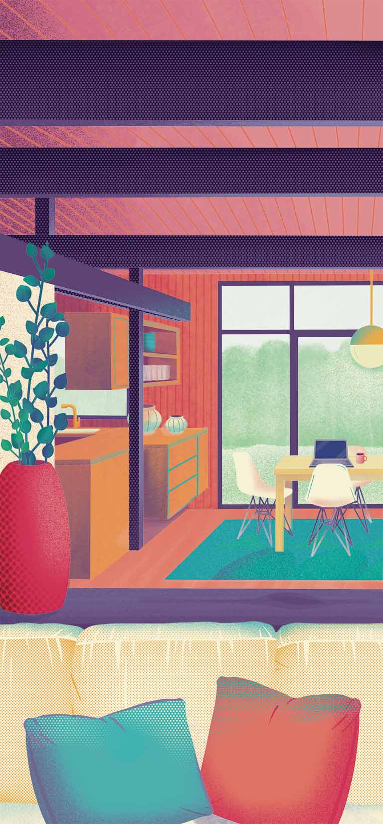 Detailed, colourful illustration of a living room.