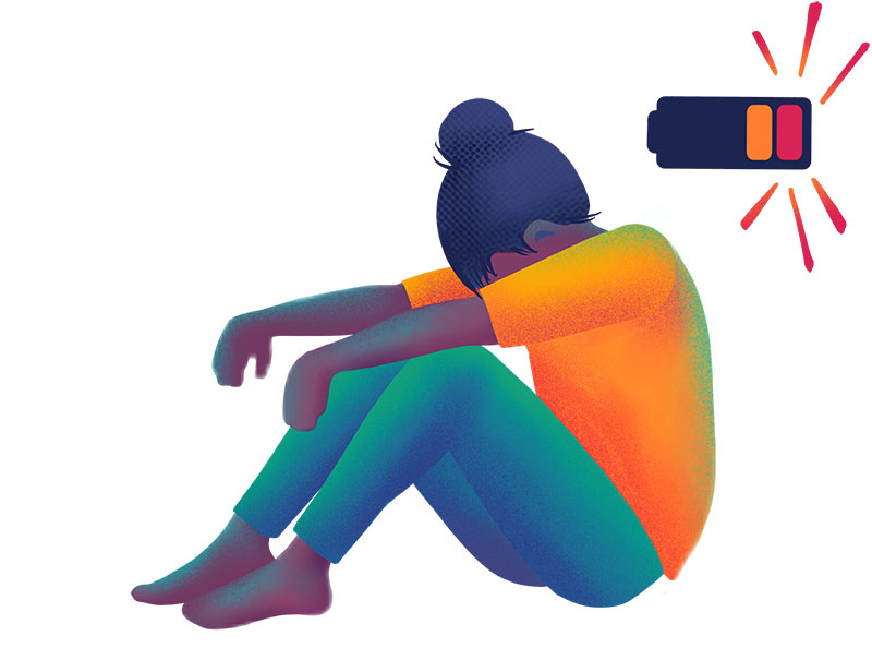 Illustration of a woman slumped on the ground with a near emtpy battery icon nearby.