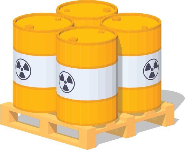An isometric illustration barrels of nuclear waste on a shipping pallet.