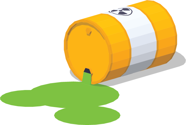 An isometric illustration of a nuclear waste barrel that is tipped over. Waste is spilling out.