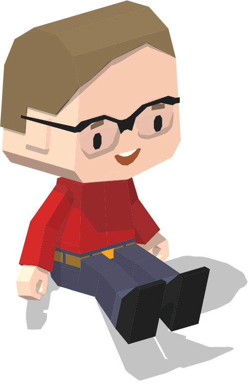 An isometric, blocky illustration Duane Bratt. He is caucasian with short, medium brown hair and thick framed glasses.
