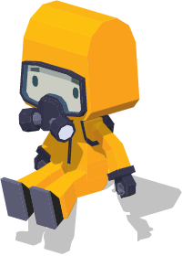 A isomentric illustration of a person in a hazmat suit sitting on a box