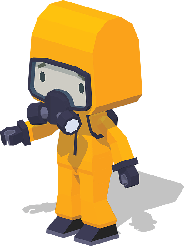 An isometric, blocky illustration of a person in a brightly coloured hazmat suit.
