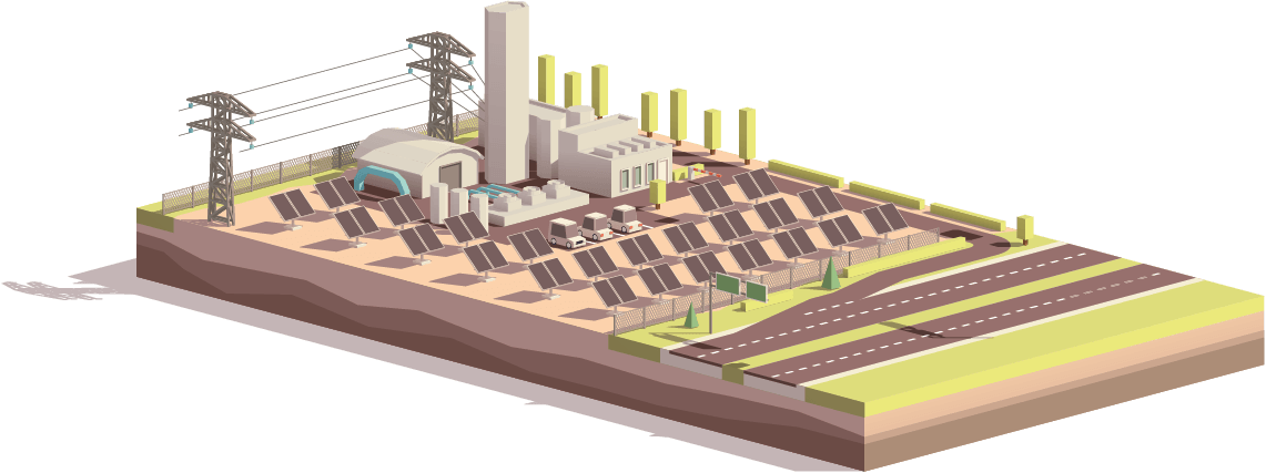 An isometric illustration of a solar powerplant.