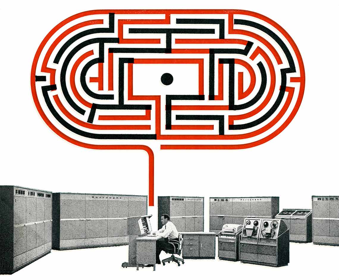 A textured image of an bank of old-school computers and a geometric drawing of a map.