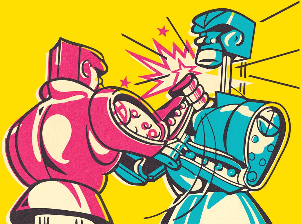 An illustration of two robot toys punching each other.