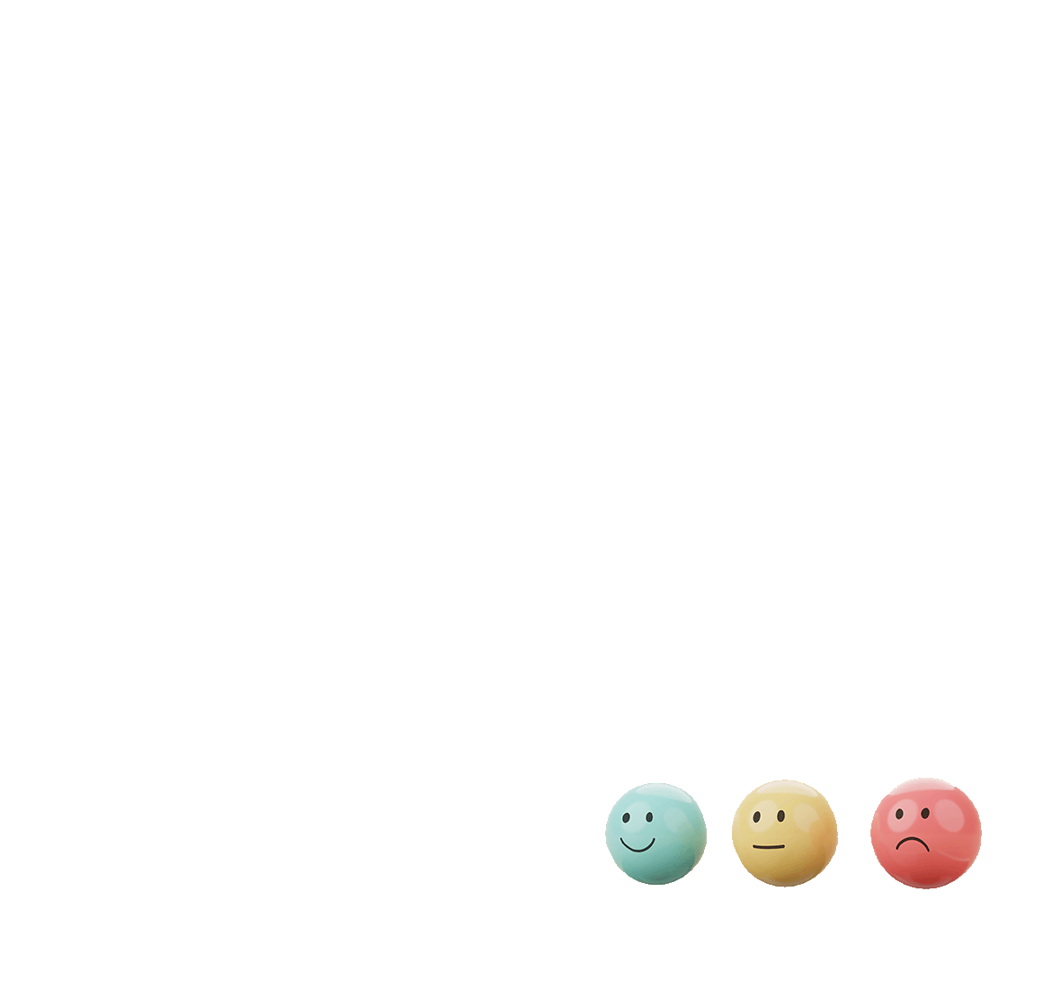 A red sphere with a sad face, a yellow with a neutral face and green sphere with a happy face.