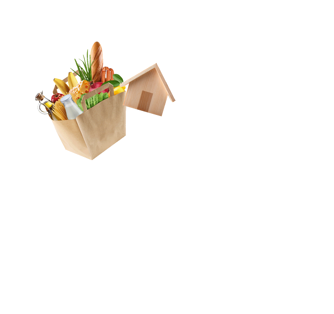 A bag of groceries and a simple wooden house model.