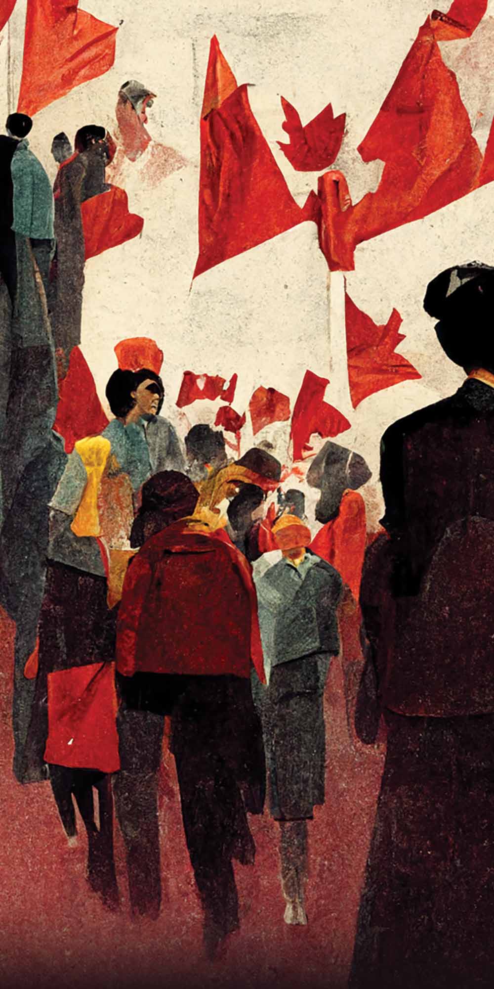 Illustration of a crowd of people waving Canadian flags. Prompts: a crowd of people, waving canadian flag, propaganda, illustration.