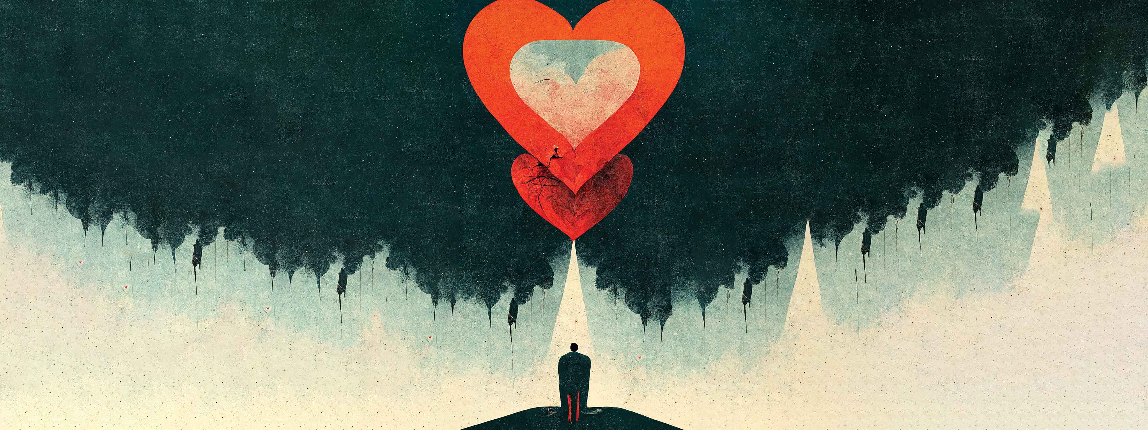 Illustration of a stylized heart hovering over an abstract silhouette of a person. Prompts: splitting heart and mind, propaganda, illustration