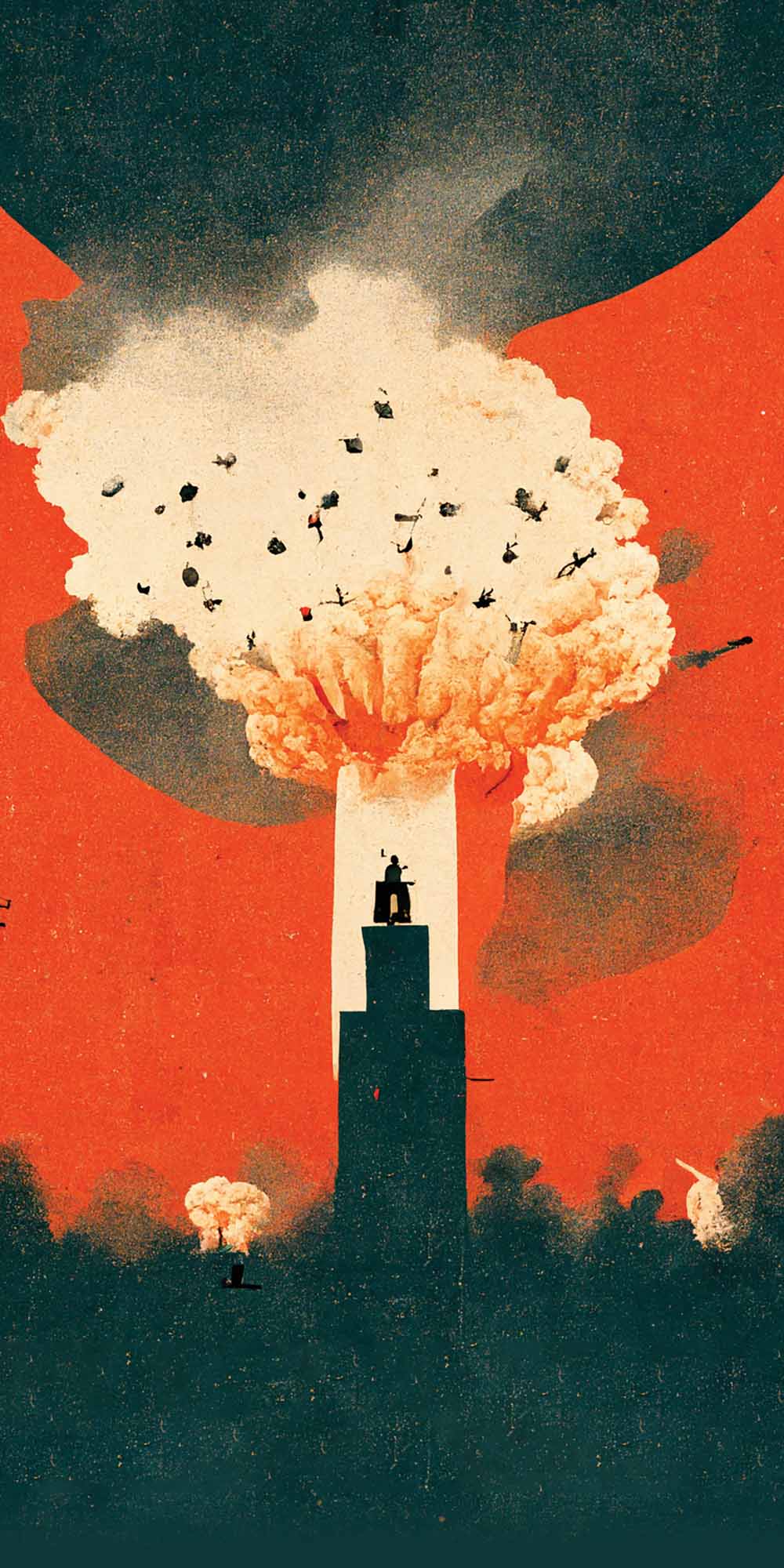 Illustration of an explosion cloud and debris highlighting the shape of a small person ontop of a tower. Prompts: war is traumatic, bombs falling, propaganda, illustration