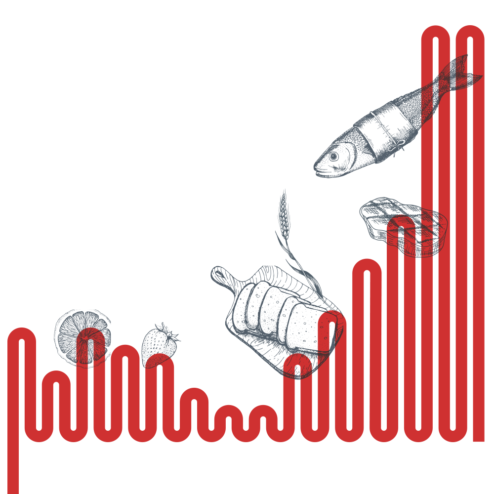 An illustration of a red line creating the shape of a rising bar graph. Stylized images of groceries overlap the bar graph.
