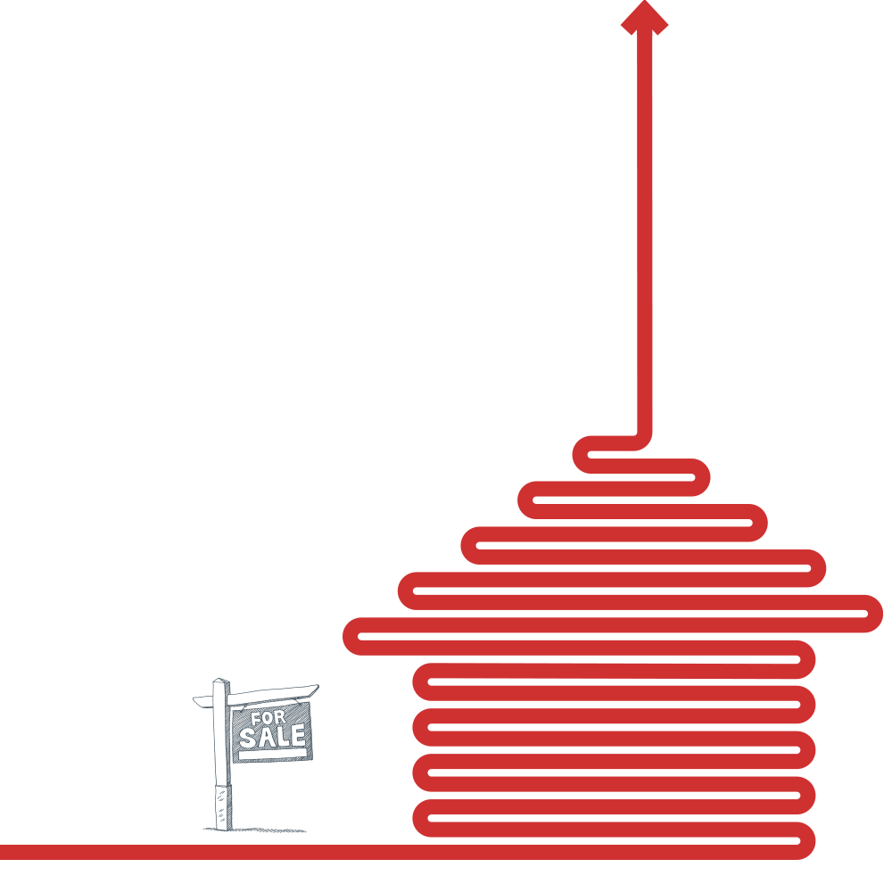 An illustration of a red line creating the shape of a house. The end of the red line stretches far above the house. A sign beside the house reads For Sale.