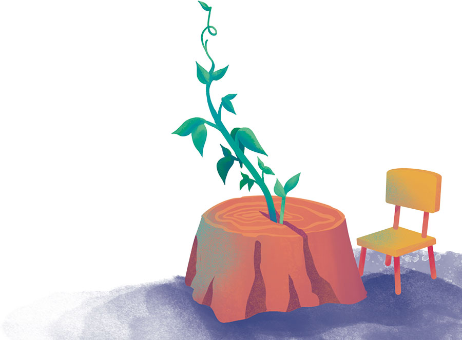 Illustration of a vine growing out of a tree stump by a chair.