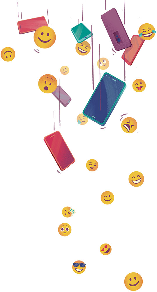 Illustration of cell phones and emoji falling from the sky.