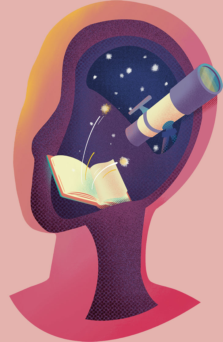 Illustration of a head with cut outs. Inside the cut outs are a book, stars and a telescope.