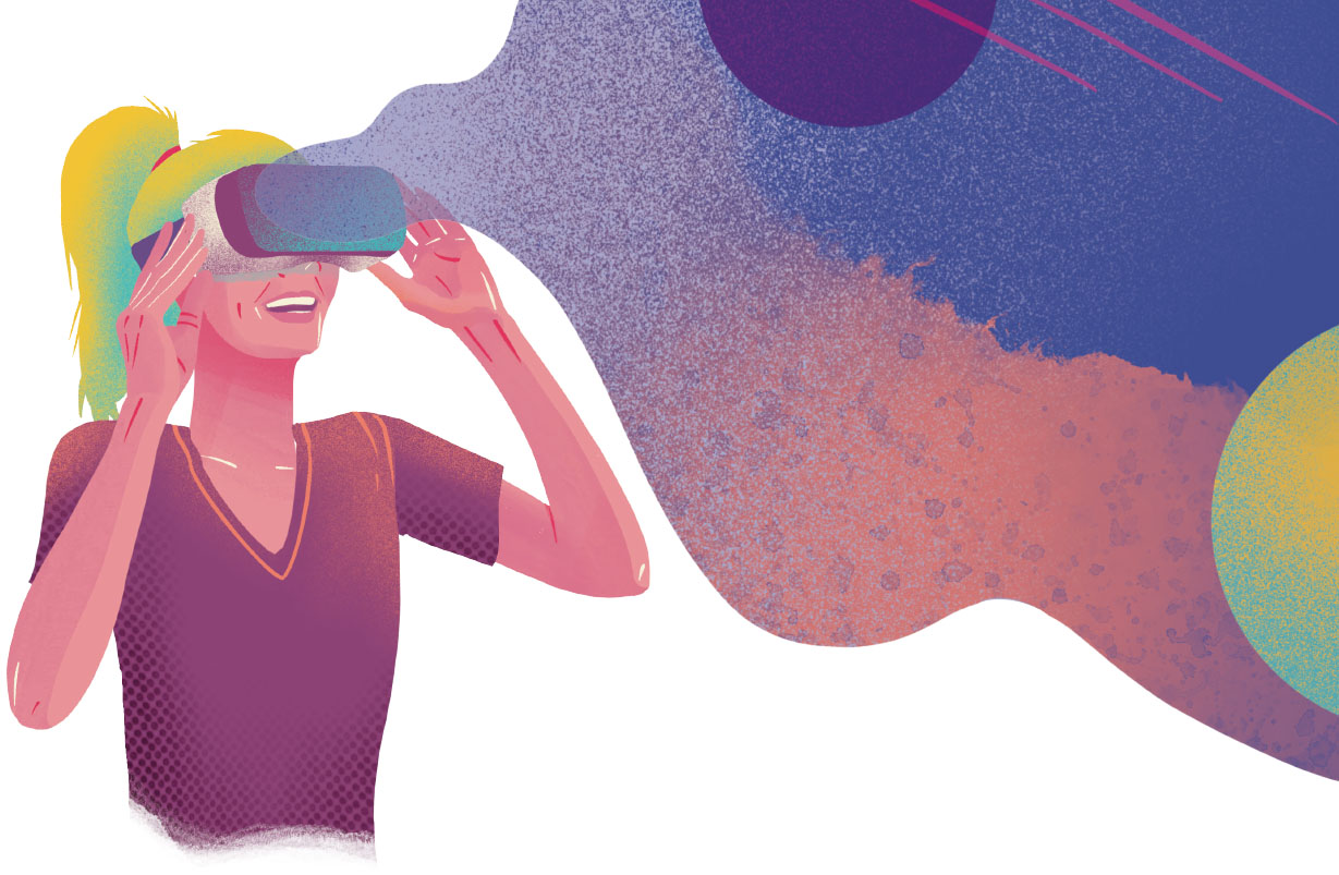 Illustration of a woman using a VR headset and a ethereal cloud.