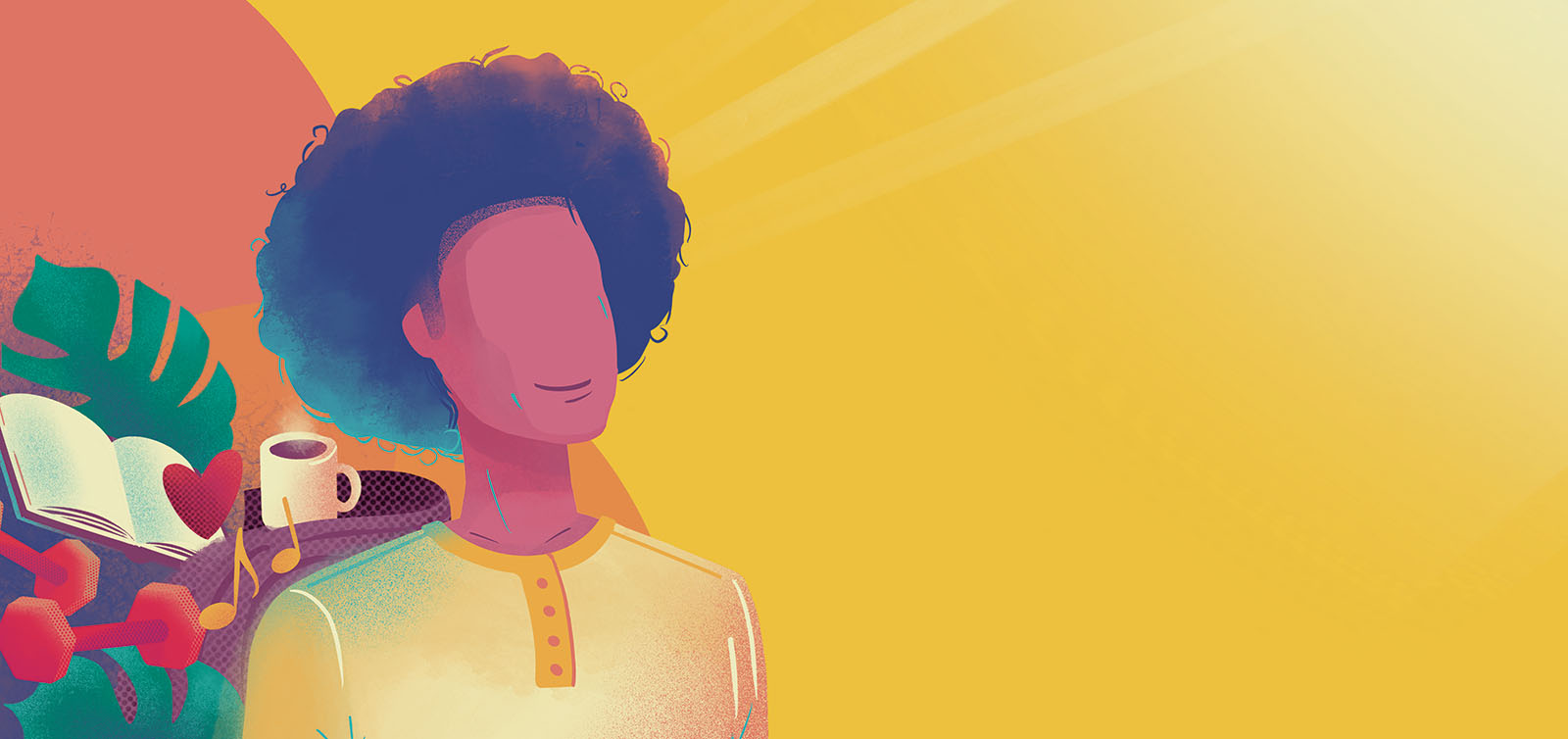 Textured illustration of a person with an afro, with weights, a mug, plants and a blanket behind them,].