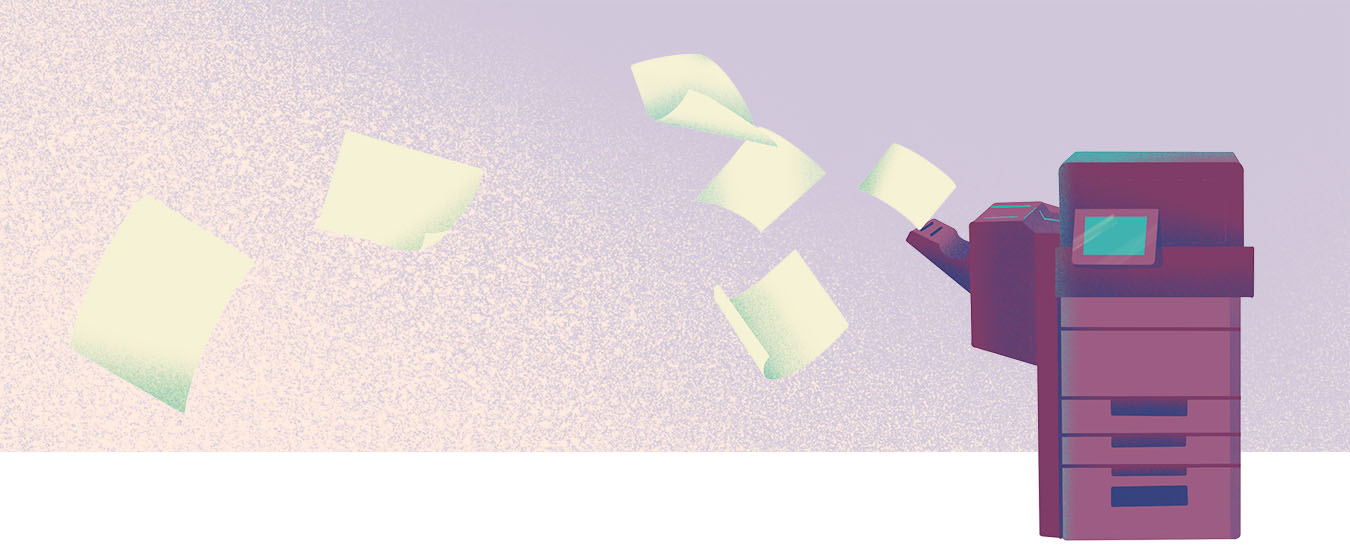 Illustration of a printer with papers flying off it on a soft, textured background.