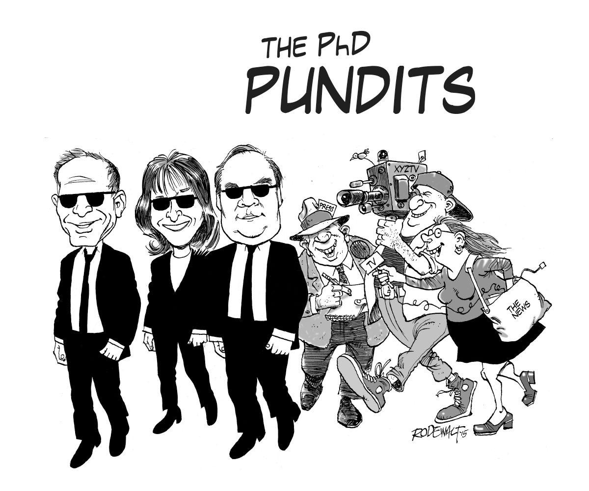 A caricature-style drawing of MRU professors being followed by journalists and vidographers.