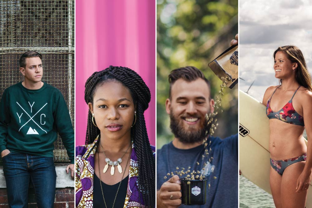 Collage of four photos of alumni: one each of Julia Barnes, Jameela Ghann, Dustin Paisley and Mike Wenzlawe