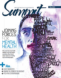 Cover of Summit Fall 2013 issue: Watercolour paining of a face. The right half of the phase is painted words related to mental illness.
