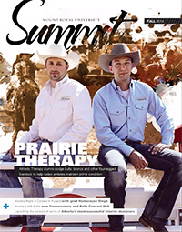 Cover of Summit Fall 2014 issue: Photo of Brandon Thome and John Reinbolt sitting in front of a rodeo contained in a paint explosion