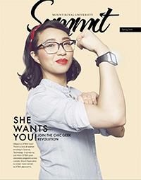 Cover of Summit Spring 2015 issue: Photo of Alumna Kylie Toh posing like Rosie the Riveter
