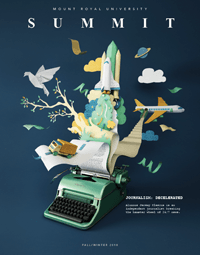 Cover of Summit Fall/Winter 2018 issue: Various objects made from paper explode out of a typewriter
