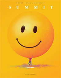 Cover of the Fall/Winter 2021 issue of Summit: An illustration of a person holding up a large smiley face.