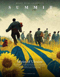 Cover of the Fall/Winter 2022 issue of Summit: Illustration of a group of people walking through a field of sunflowers on a road made of the Ukraine flag.