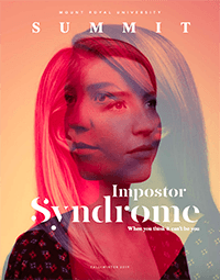 Cover of Summit Fall/Winter 2019 issue: Two photos of alumna Aislinn Grant overlayed on top of one of another - one version is semi transparent.