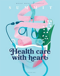 Cover of Summit Fall/Winter 2020 issue: Soft style illustration of the various medical tools like gauze, a mask, medical scissors and also lily of the valley flowers.
