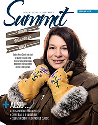 Cover of Summit Spring 2013 issue: Photo of Nancy Clennett wearing a parka and mittens